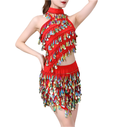  sequin coin tassel Latin dance set with fringe top and skirt for professional resort performances