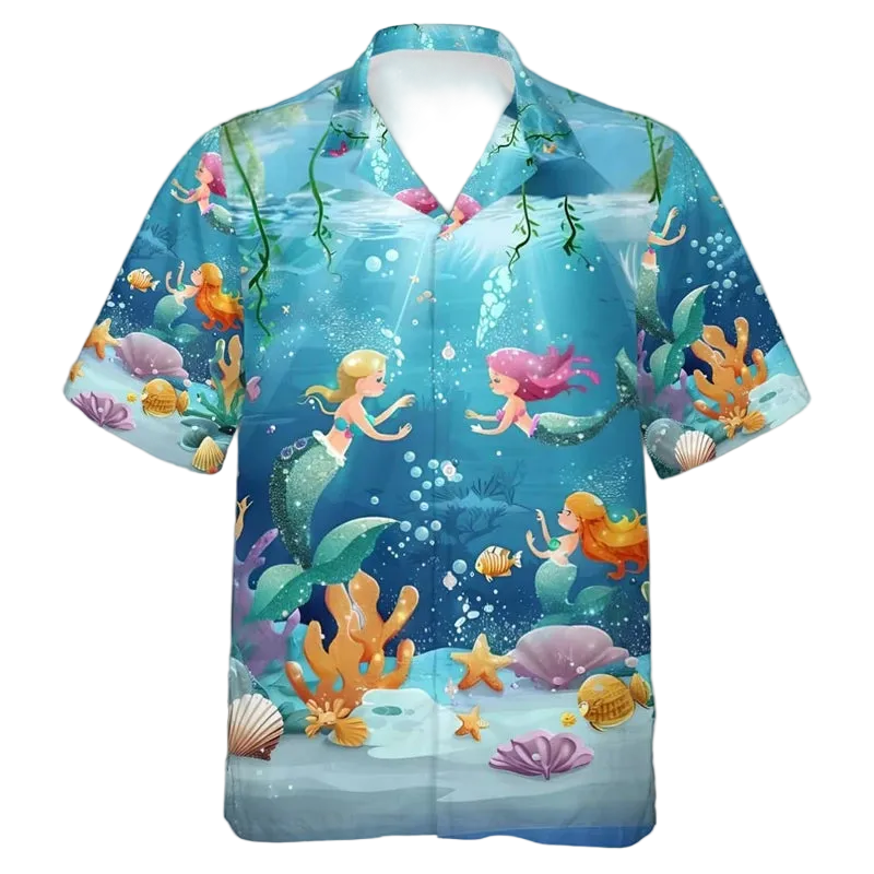 A short-sleeve button-up camp shirt with a vibrant cartoon underwater mermaid print, featuring mermaids, corals, starfish, and bubbles on a blue background.