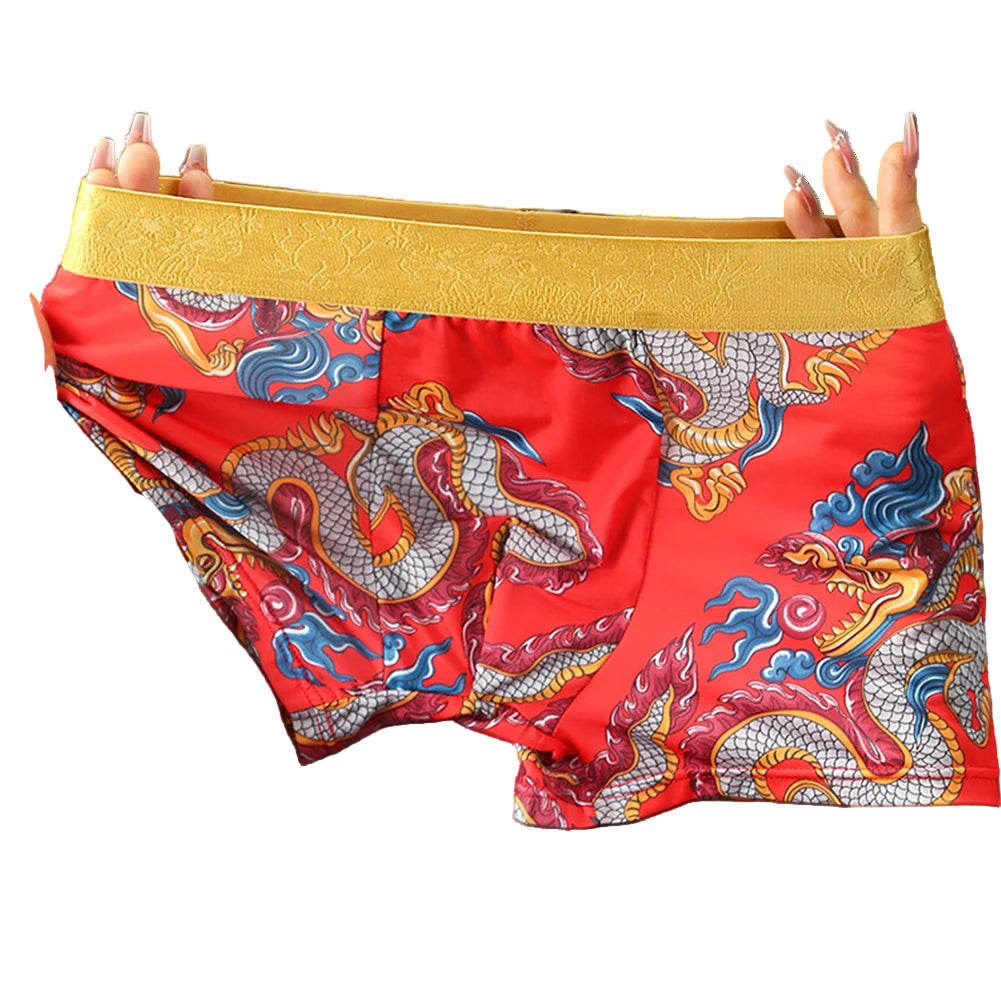 Red boxer briefs with dragon design held by a person against a gray background