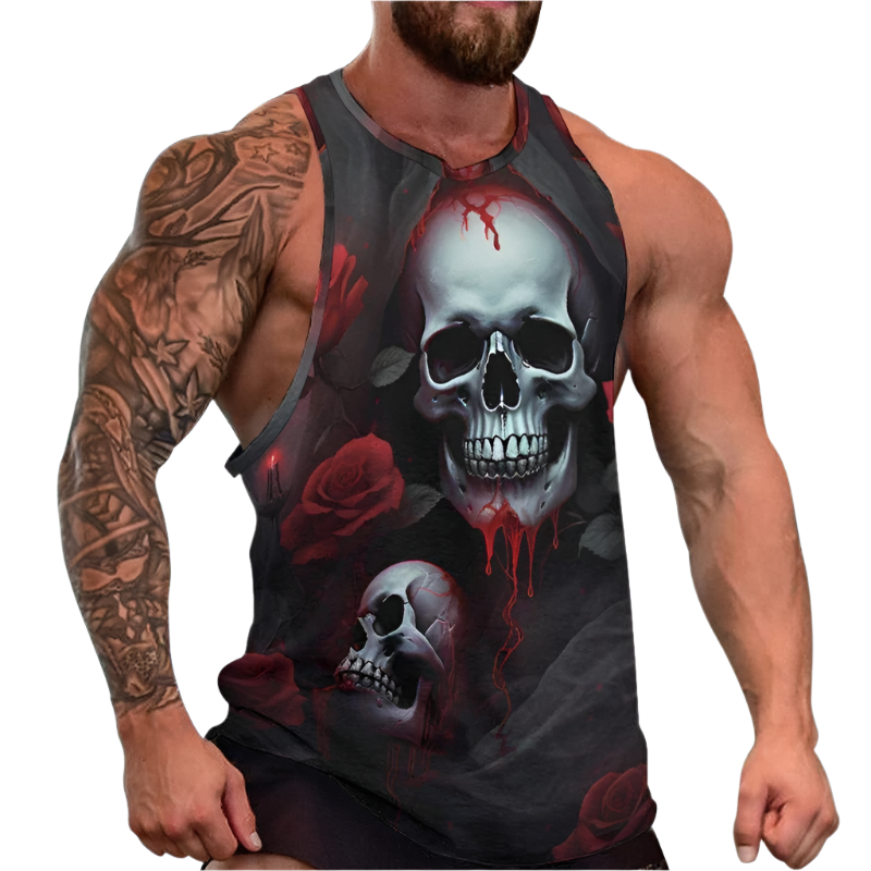 Person wearing a tank top with a skull and rose design on a white background