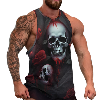 Person wearing a tank top with a skull and rose design on a white background