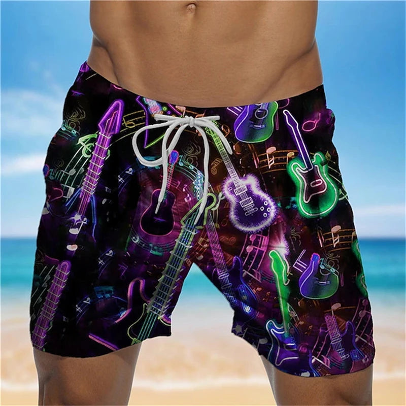 Colorful swim shorts featuring neon tropical designs with guitars