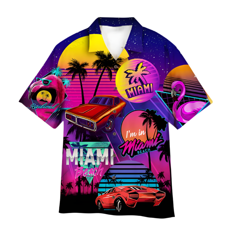 Colorful shirt with Miami-themed graphics on a white background