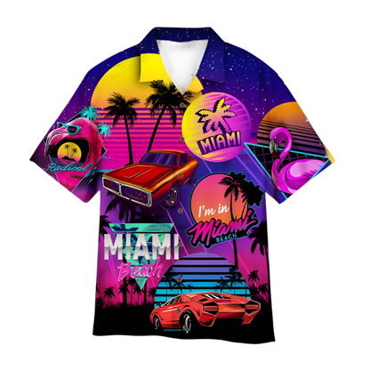 Colorful shirt with Miami-themed graphics on a white background
