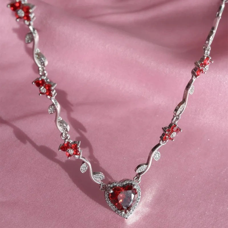 Couple Heart and Sword Necklace Set for Women Men, Zircon Crystal Heart Rose Flower Jewelry Birthday Valentine's Day Gifts