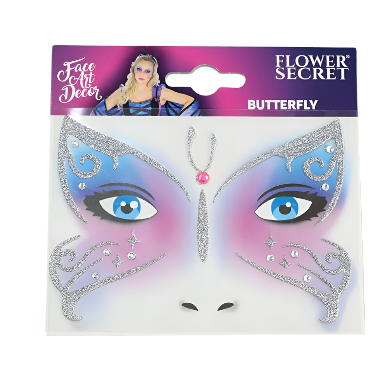 Glitter face art stickers featuring leopard and butterfly designs for resort theme nights

