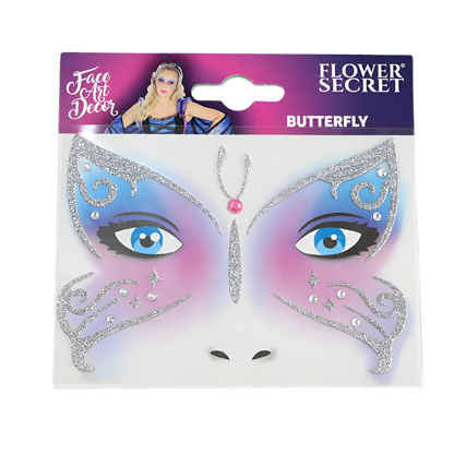 Glitter face art stickers featuring leopard and butterfly designs for resort theme nights

