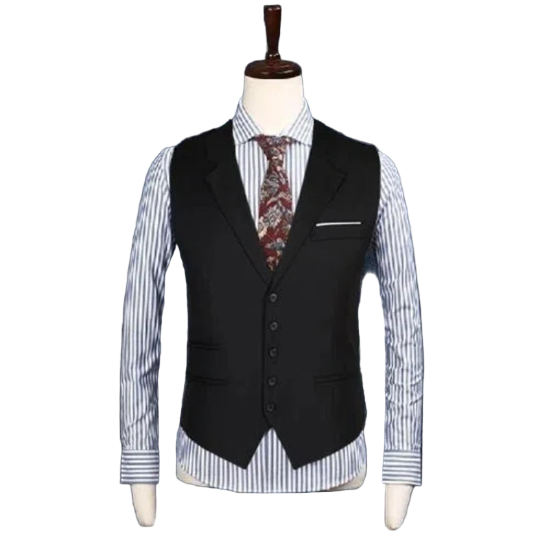 Black vest over a striped shirt on a mannequin against a blue curtain background