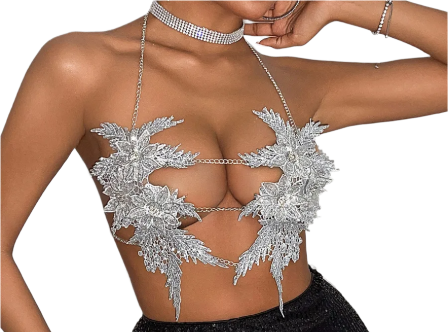 Luxury rhinestone halter top with lace embroidery and metal chains for resort evenings

