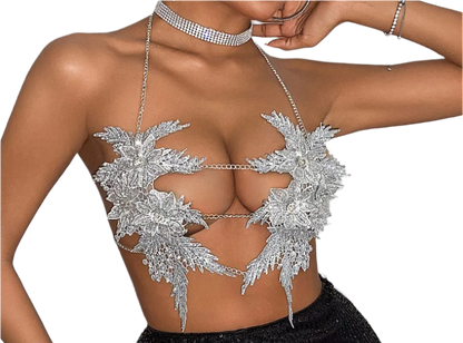 Luxury rhinestone halter top with lace embroidery and metal chains for resort evenings

