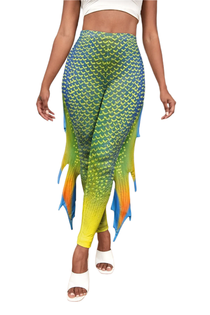 Shimmering fish scale mermaid leggings with octopus print and decorative fins for resort cosplay wear