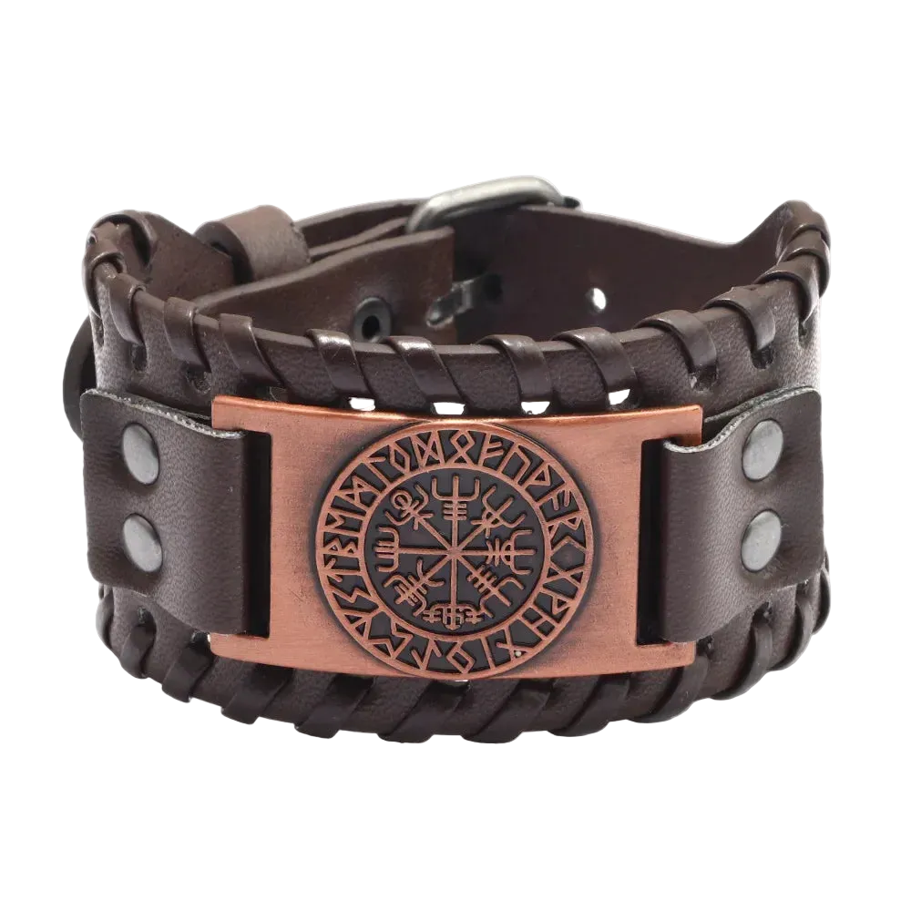 Brown leather bracelet with a copper plaque featuringRunes on a white background