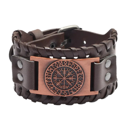 Brown leather bracelet with a copper plaque featuringRunes on a white background