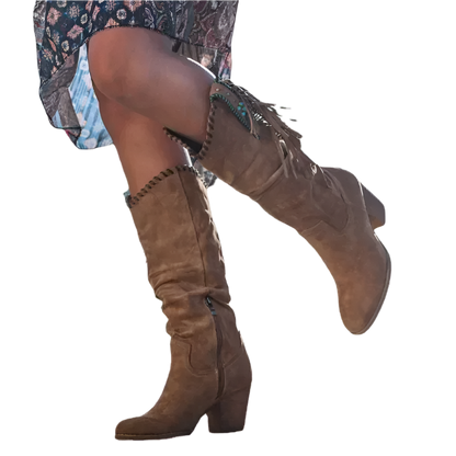 Brown suede knee-high boots with decorative elements on a white background