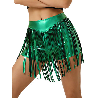 Women Iridescent Metallic Hot Pants with Fringed High Waist Tassel Skirted Shorts Cheeky Shorts Stage Dance Jazz Rock Clubwear