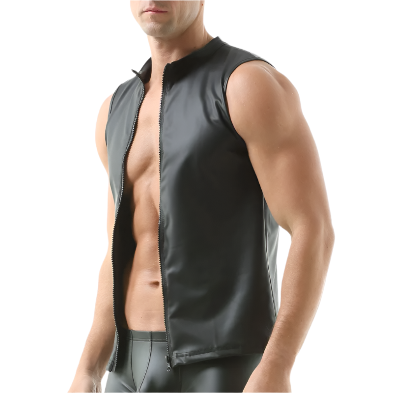 Man wearing a black sleeveless vest on a white background