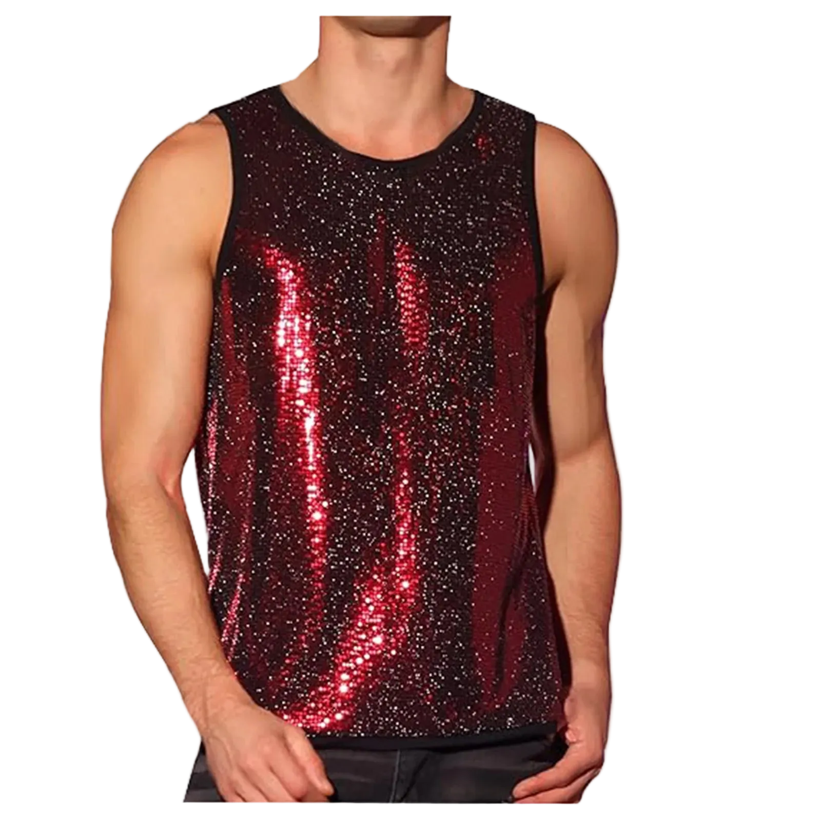 A sleeveless black tank top covered in shimmering red sequins, worn by a cropped male model against a plain white background.
