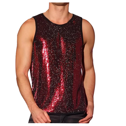 A sleeveless black tank top covered in shimmering red sequins, worn by a cropped male model against a plain white background.