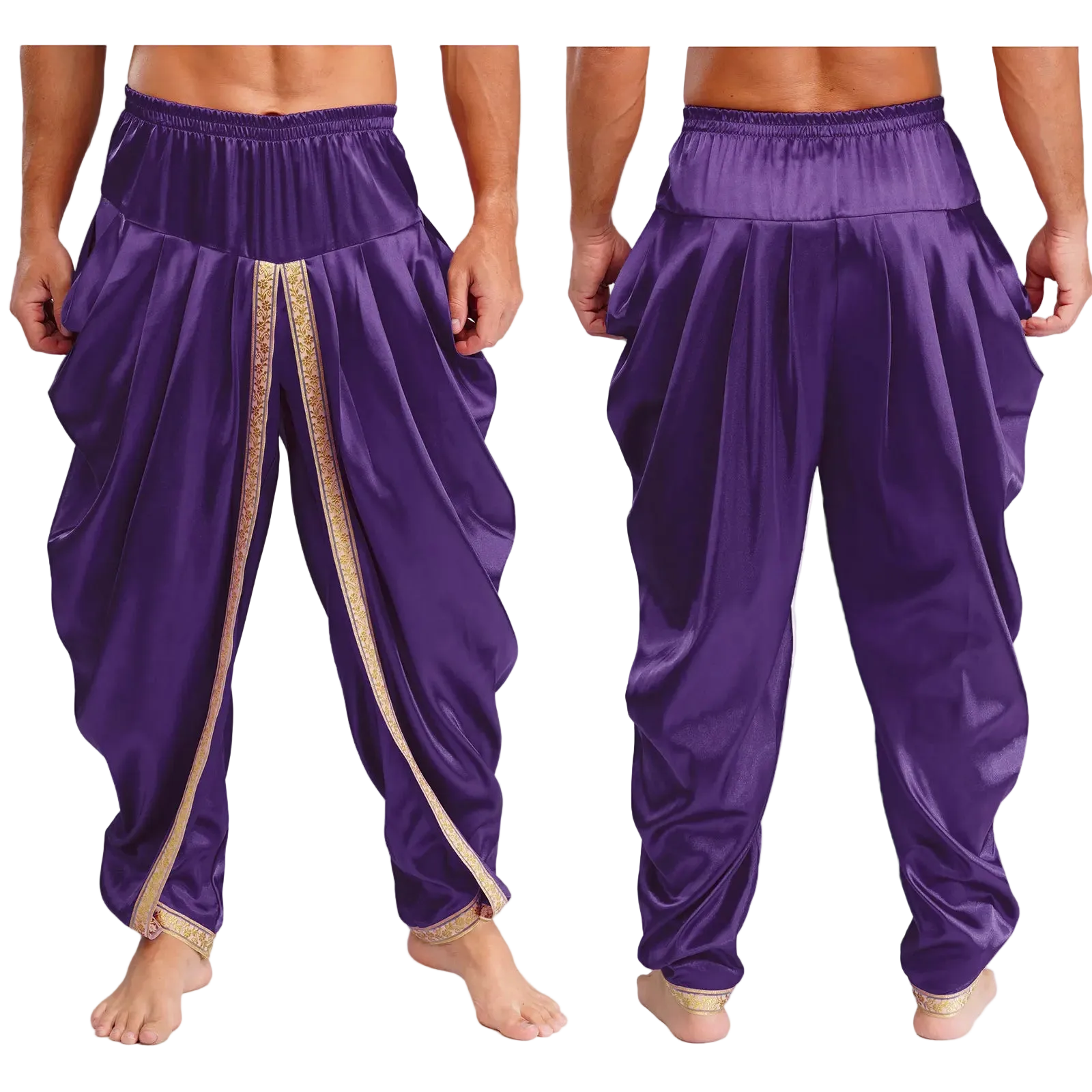 Two views of purple harem-style pants with gold decorative trim, shown on a cropped male model against a white background.