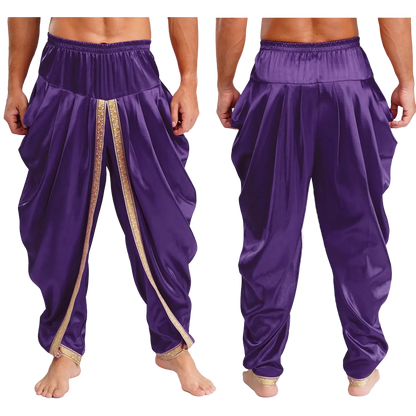 Two views of purple harem-style pants with gold decorative trim, shown on a cropped male model against a white background.