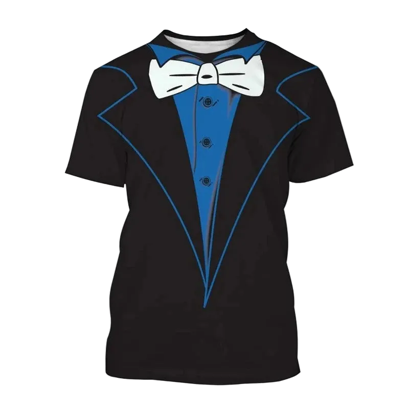 A black short-sleeve t-shirt with a graphic print of a tuxedo jacket, featuring a bright blue shirt front, blue lapel outlines, a white bow tie, and blue piping details. The word 'Blue' is written in blue text in the top-left corner.
