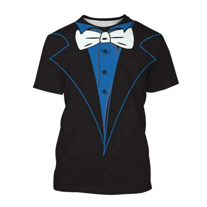 A black short-sleeve t-shirt with a graphic print of a tuxedo jacket, featuring a bright blue shirt front, blue lapel outlines, a white bow tie, and blue piping details. The word 'Blue' is written in blue text in the top-left corner.