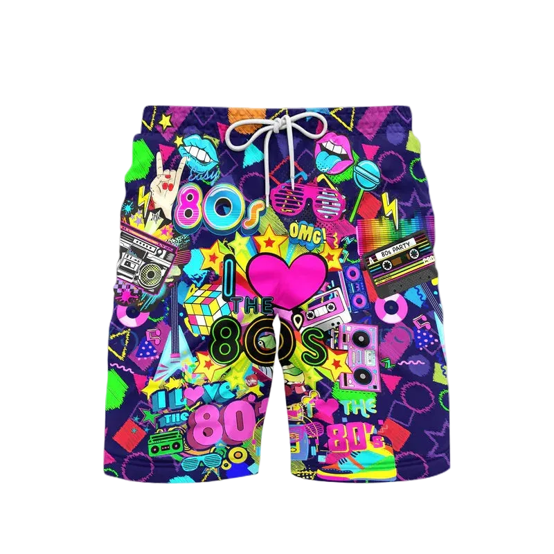 Colorful shorts with 80s-themed graphics on a white background