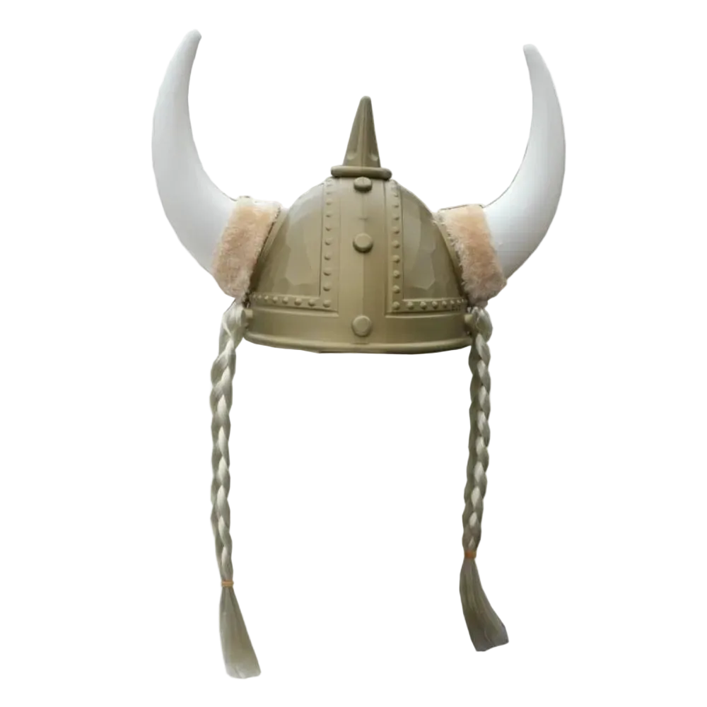 A Viking-style horned helmet costume accessory with a tan metal-look body, two curved white horns, light beige faux-fur trim, and two braided hanging tassels, shown on a plain white background.