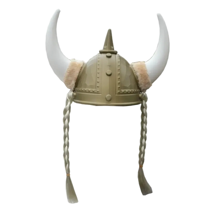 A Viking-style horned helmet costume accessory with a tan metal-look body, two curved white horns, light beige faux-fur trim, and two braided hanging tassels, shown on a plain white background.