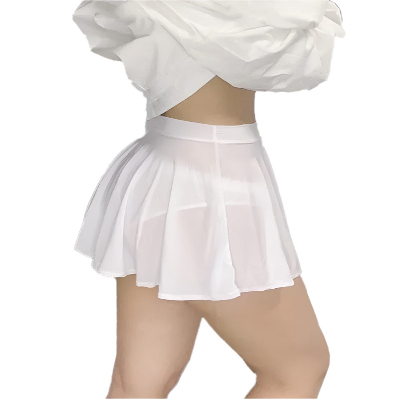 Sheer pleated A-line mini skirt with transparent overlay - perfect for resort evening events and theme nights