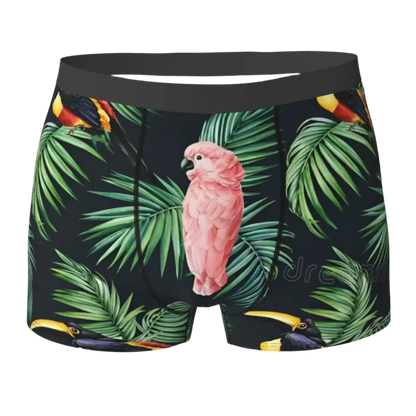 Men's tropical jungle print stretch boxer brief with high quality large size design for Hot Tropics Animal Instincts theme night resort wear