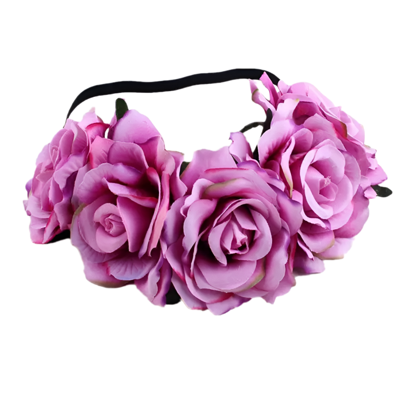 A floral headband featuring large, vibrant roses. The design is bold and romantic, perfect for a bohemian or festival look.