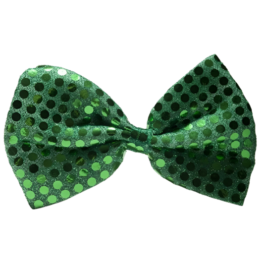 "St. Patrick's Day green sequin bow tie and necktie set with adjustable strap"
