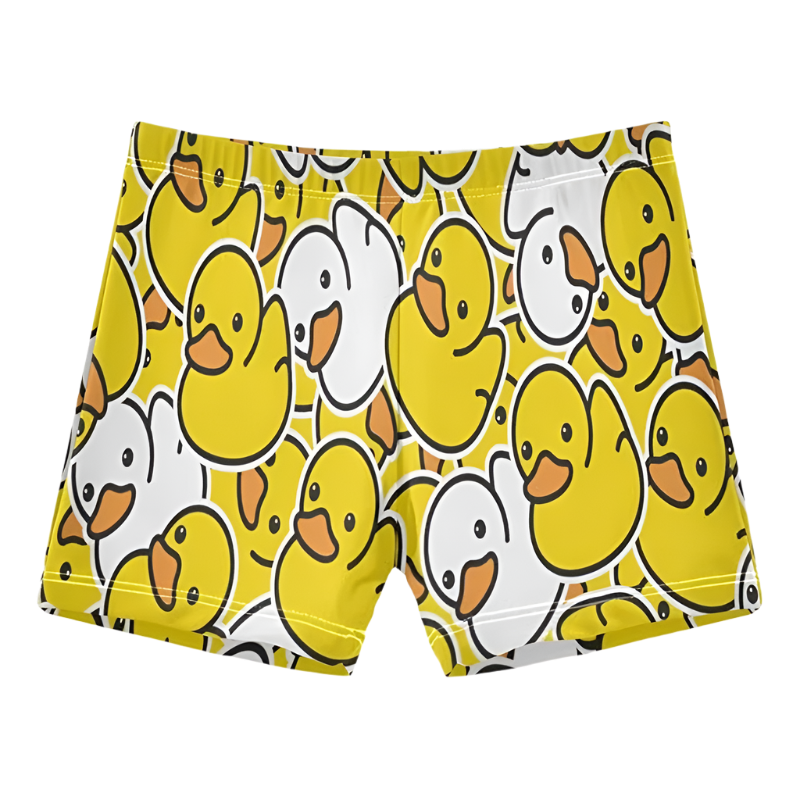 Duck Print Beach Shorts featuring playful design, perfect for luxury adult resort pool parties