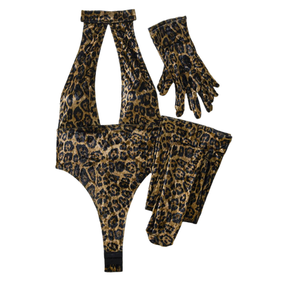  luxury leopard print 5-piece set featuring deep-V halter bodysuit with matching gloves and stockings for intimate occasions
