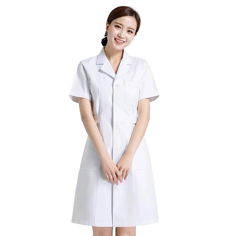 Person wearing a white medical coat on a plain background