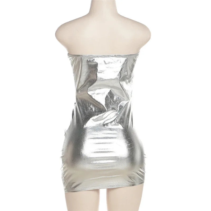Sexy Night Club Party Bodycon Mini Dresses Women Y2K Metallic Sliver Hollow Out Lace Up Strapless Off Shoulder Bandage Dress