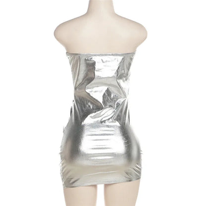 Sexy Night Club Party Bodycon Mini Dresses Women Y2K Metallic Sliver Hollow Out Lace Up Strapless Off Shoulder Bandage Dress