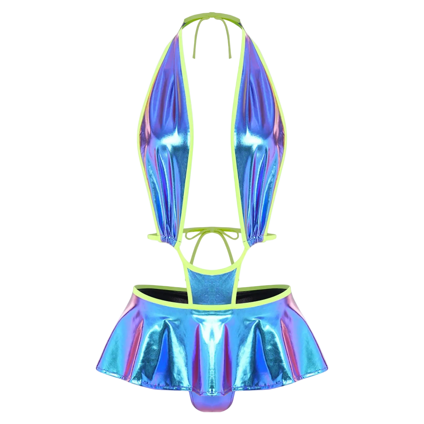 An iridescent holographic halter bikini top and matching pleated mini skirt set with neon yellow-green trim, shown against a plain white background.