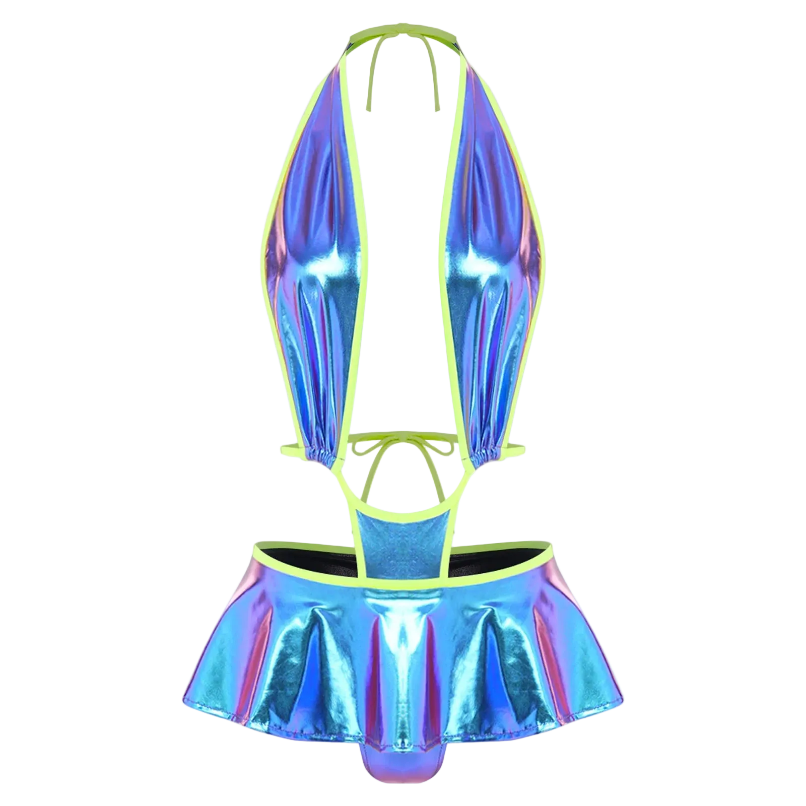 An iridescent holographic halter bikini top and matching pleated mini skirt set with neon yellow-green trim, shown against a plain white background.