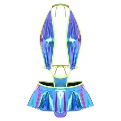 An iridescent holographic halter bikini top and matching pleated mini skirt set with neon yellow-green trim, shown against a plain white background.