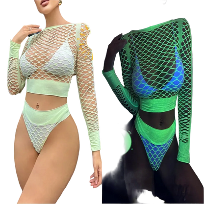 A split view of a woman modeling a two-piece swimwear set. The left side shows the set in daylight with a pale mint green mesh long-sleeve crop top and matching bikini bottom over a white bikini top.