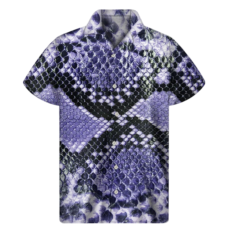 Short-sleeve shirt with a purple and black pattern on a white background