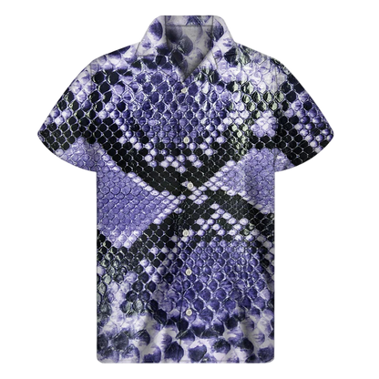 Short-sleeve shirt with a purple and black pattern on a white background