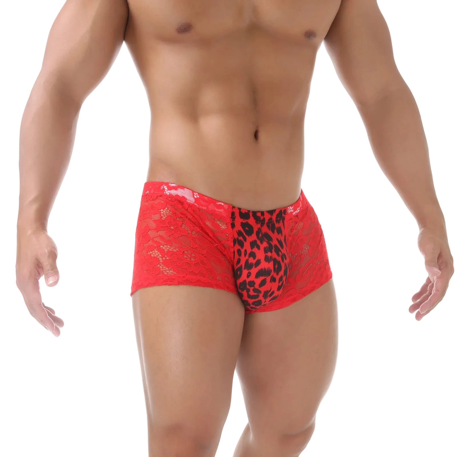 Red men's underwear with leopard print design on a white background