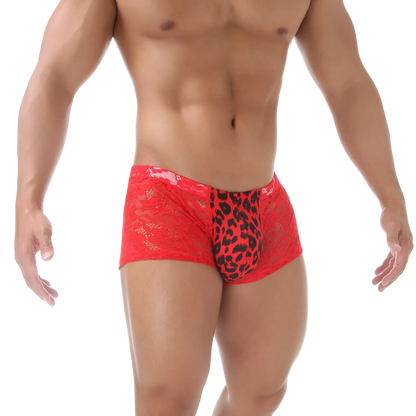 Red men's underwear with leopard print design on a white background