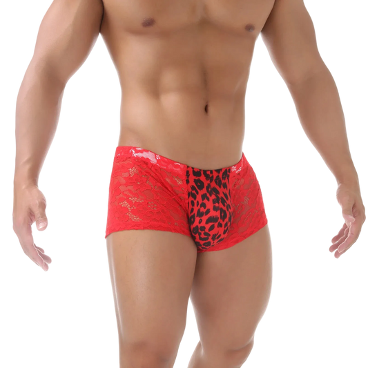 Red men's underwear with leopard print design on a white background