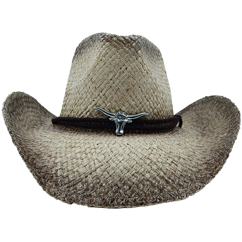 Straw cowboy hat with a black band featuring a silver longhorn emblem on a white background