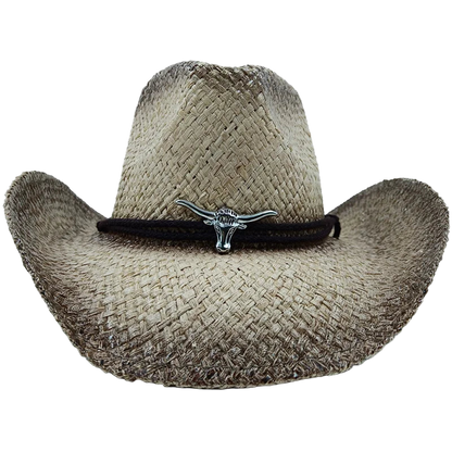 Straw cowboy hat with a black band featuring a silver longhorn emblem on a white background