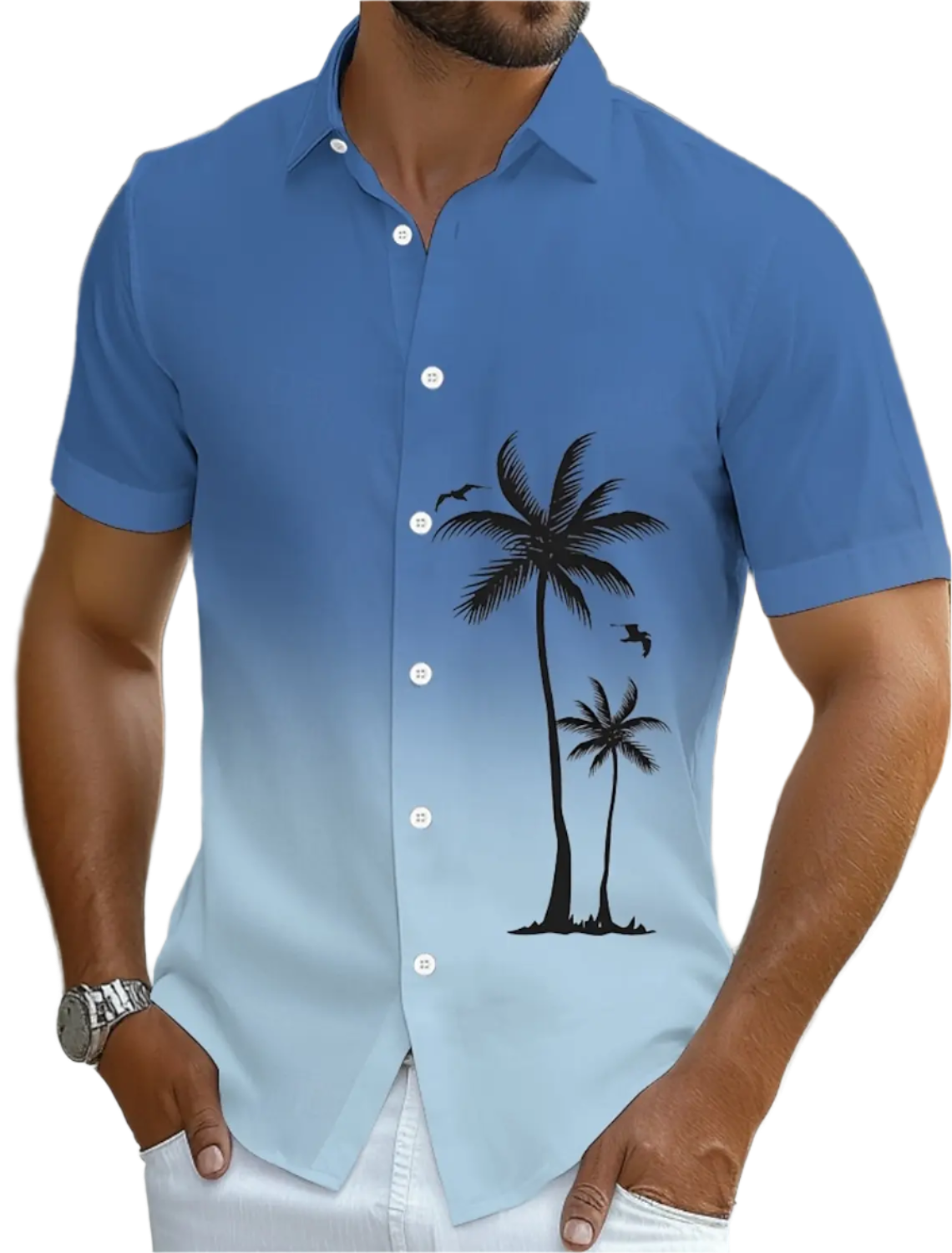 Man wearing a blue shirt with palm tree design